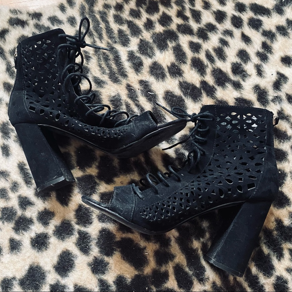 Nasty Gal black lace up perforated wedge booties